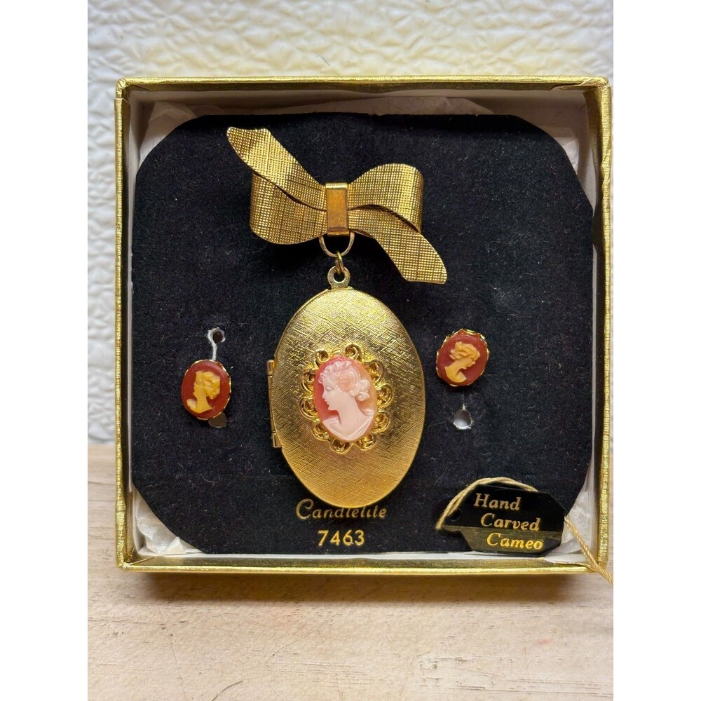 Vtg Candalite 7463 Cameo Locket Brooch And Maching Earings
